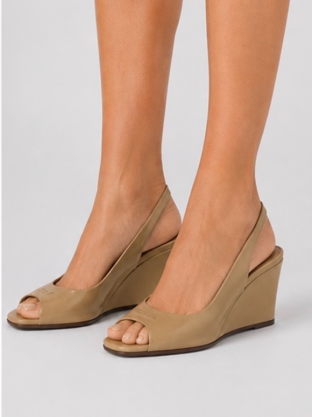 Miu Miu Tan Beige Peep Toe Wedge Slingback Heels
